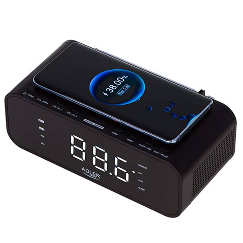 FM rádio s budíkom a bezdrôtovou nabíjačkou ADLER AD1192B, čierna FM rádio s budíkom a bezdrôtovou nabíjačkou ADLER AD1192B, čierna