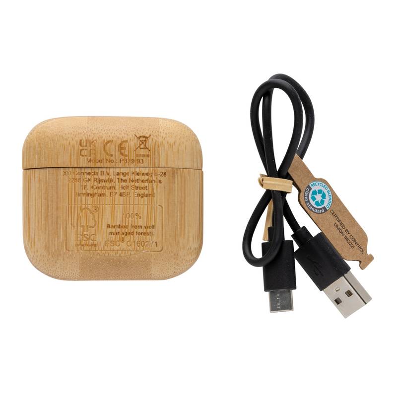 TWS slúchadlá z RCS RPET a bambusu, hnedá TWS slúchadlá z RCS RPET a bambusu, hnedá