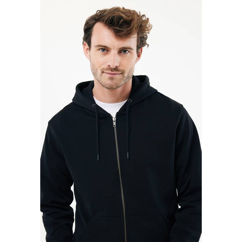 Mikina na zip s kapucí Iqoniq Abisko z recyklované bavlny, černá, L Mikina na zip s kapucí Iqoniq Abisko z recyklované bavlny, černá, L