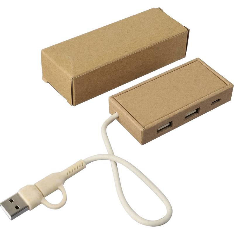 USB hub z hliníku a recyklovaného papíru Paulo, hnědá USB hub z hliníku a recyklovaného papíru Paulo, hnědá