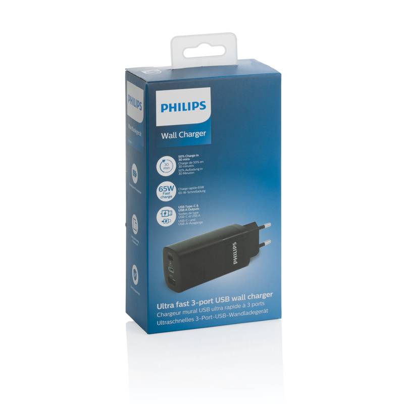 Philips 65W ultra rýchla PD 3-portová USB stenová nabíjačka, čierna Philips 65W ultra rýchla PD 3-portová USB stenová nabíjačka, čierna