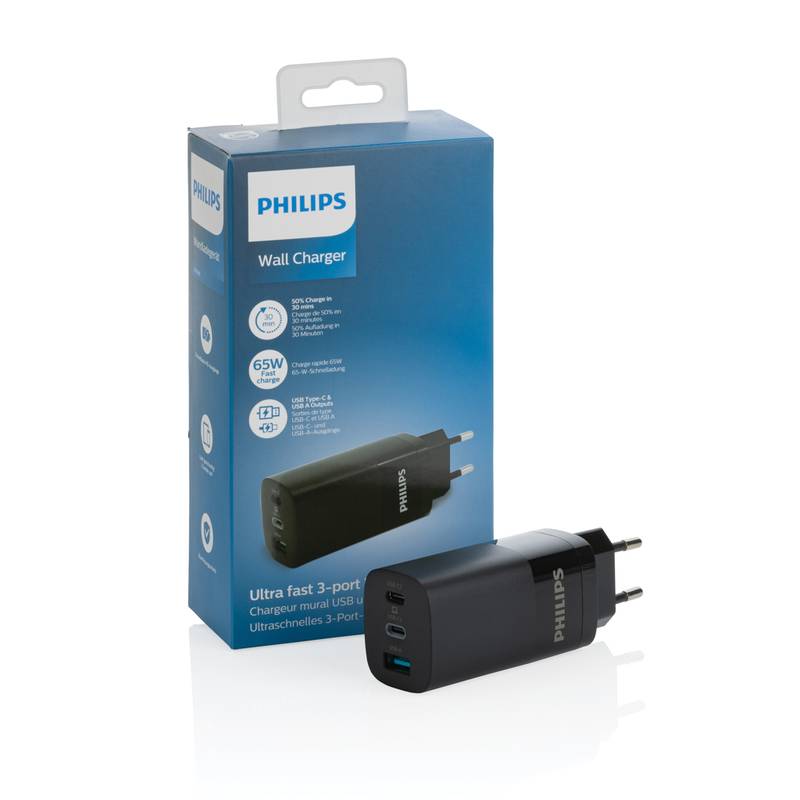 Philips 65W ultra rýchla PD 3-portová USB stenová nabíjačka, čierna Philips 65W ultra rýchla PD 3-portová USB stenová nabíjačka, čierna