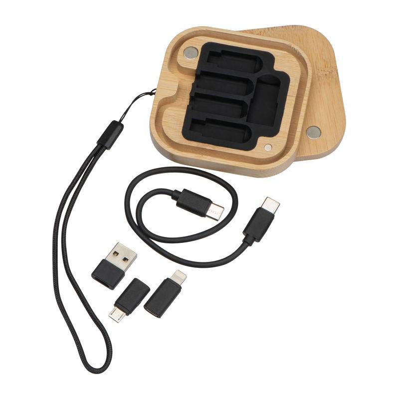 Sada kabelu a adaptéru v bambusové krabičce, hnědá béžová Sada kabelu a adaptéru v bambusové krabičce, hnědá béžová