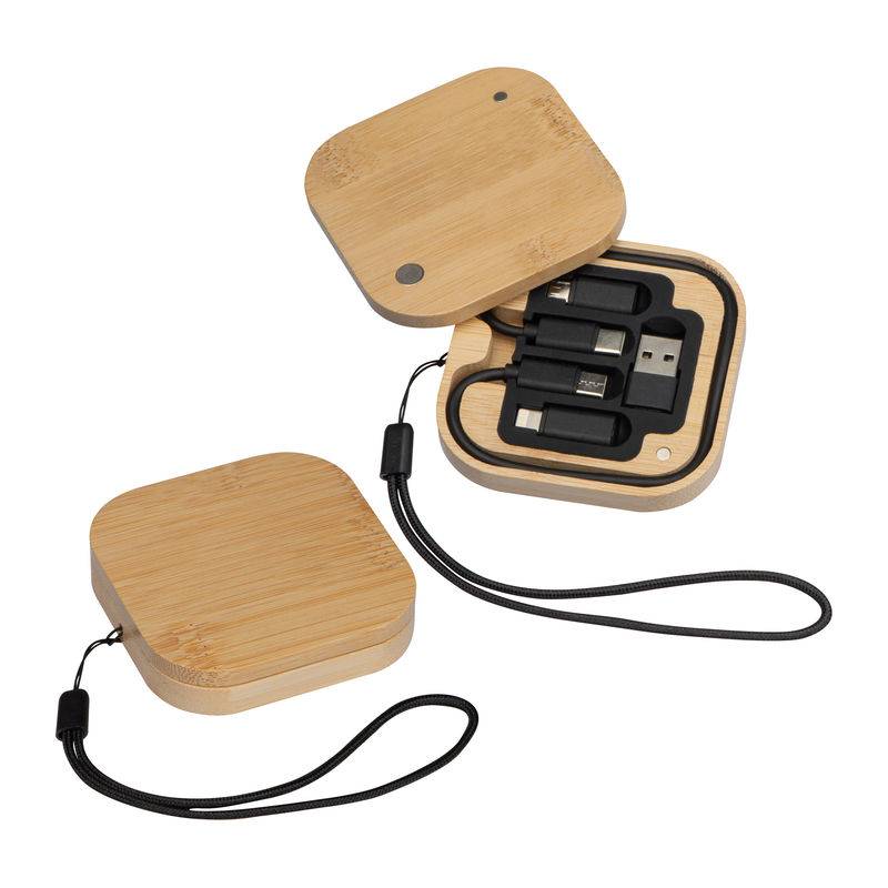 Sada kabelu a adaptéru v bambusové krabičce, hnědá béžová Sada kabelu a adaptéru v bambusové krabičce, hnědá béžová