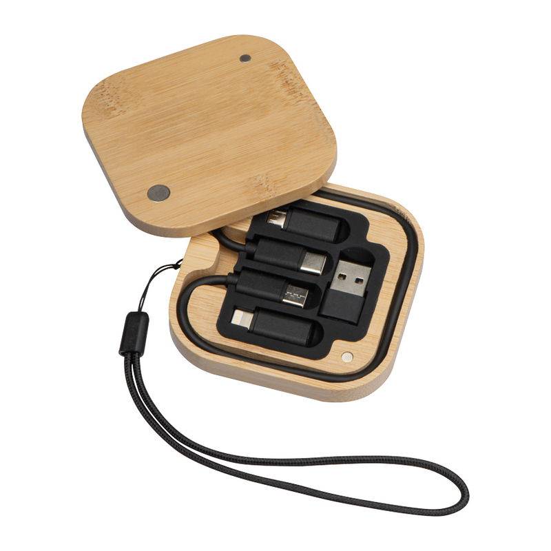 Sada kabelu a adaptéru v bambusové krabičce, hnědá béžová Sada kabelu a adaptéru v bambusové krabičce, hnědá béžová