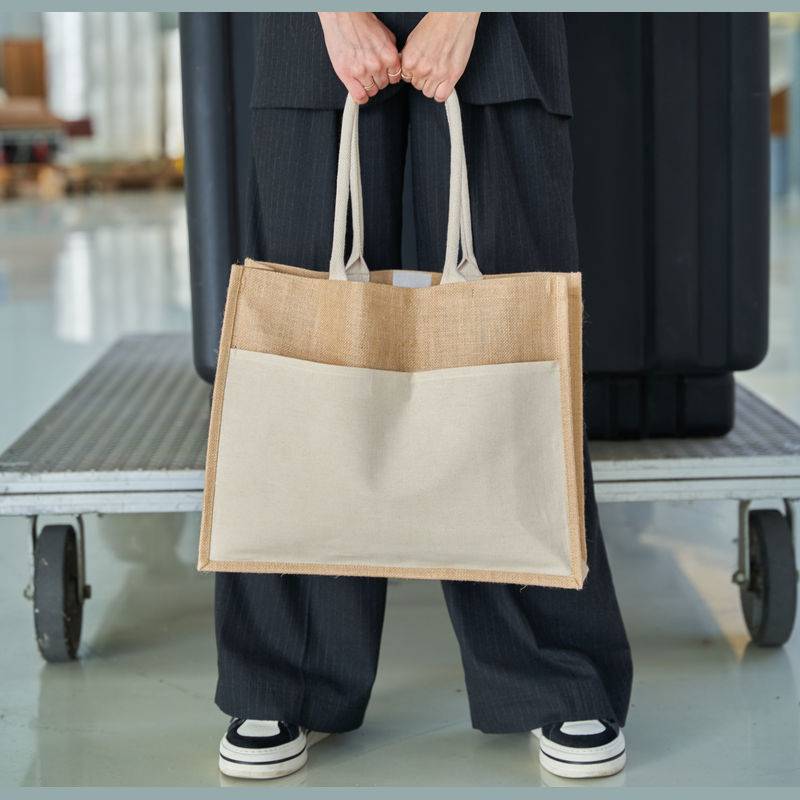 Jutová taška s přední kapsou, hnědá béžová Jutová taška s přední kapsou, hnědá béžová