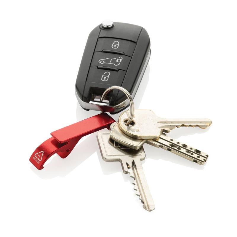 Kľúčenka s otváračom z RCS recykl. hliníka, červená Kľúčenka s otváračom z RCS recykl. hliníka, červená