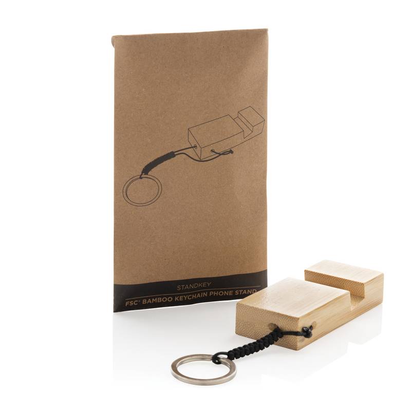 Bambusová kľúčenka so stojanom na telefón, hnedá Bambusová kľúčenka so stojanom na telefón, hnedá