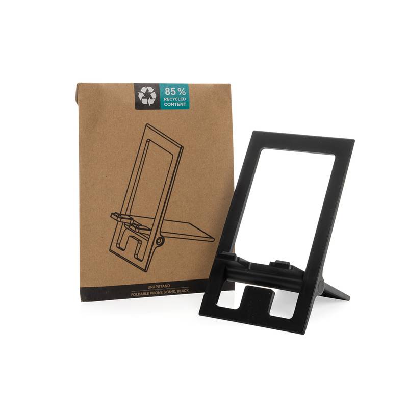 Skladací stojanček na telefón SnapStand z RCS recykl. plastu, čierna Skladací stojanček na telefón SnapStand z RCS recykl. plastu, čierna