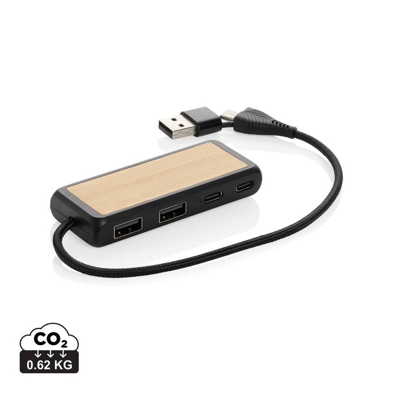 USB rozbočovač s duálnym vstupom Link z RCS plastu a bambusu, čierna USB rozbočovač s duálnym vstupom Link z RCS plastu a bambusu, čierna