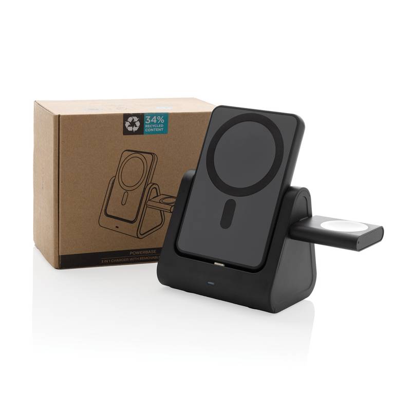 Nabíjačka 5000mAh 3v1 Powerbase z RCS recykl. plastu, čierna Nabíjačka 5000mAh 3v1 Powerbase z RCS recykl. plastu, čierna