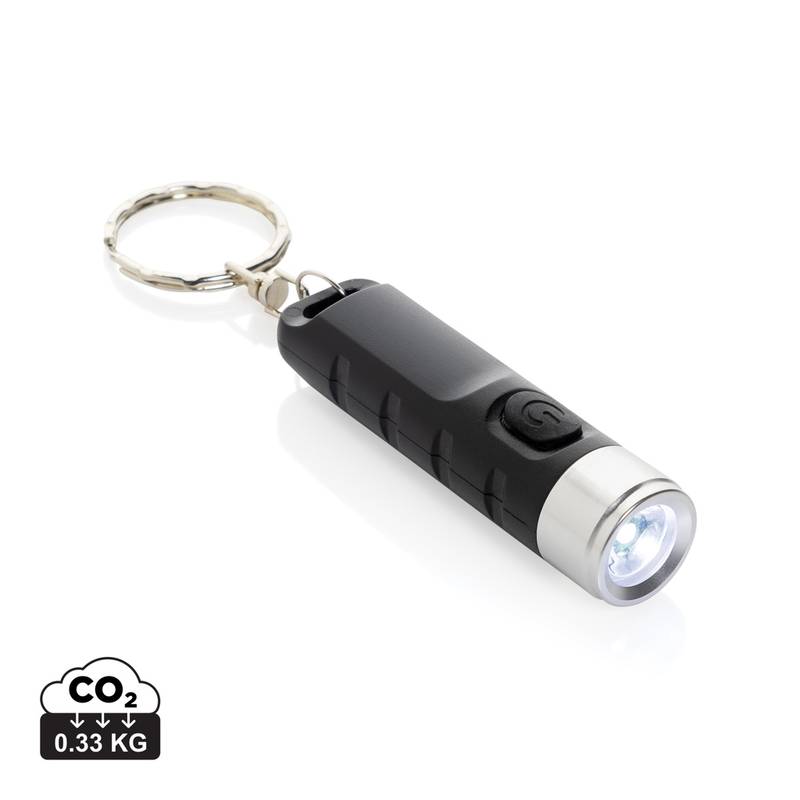 Kľúčenka s USB dobíjateľným svietidlom Globix z RCS plastu, čierna Kľúčenka s USB dobíjateľným svietidlom Globix z RCS plastu, čierna
