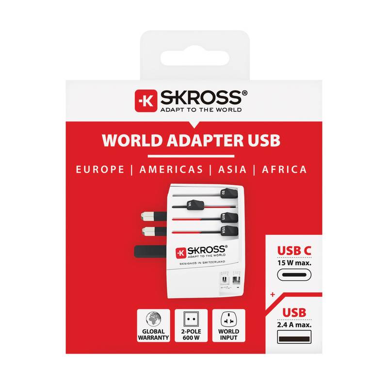Cestovní adaptér SKROSS World MUV 2-pole s USB A a C, bílá Cestovní adaptér SKROSS World MUV 2-pole s USB A a C, bílá