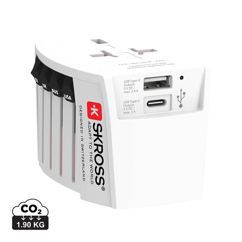 Cestovný adaptér SKROSS World MUV 2-pole s USB A a C, biela Cestovný adaptér SKROSS World MUV 2-pole s USB A a C, biela