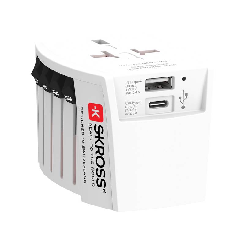 Cestovní adaptér SKROSS World MUV 2-pole s USB A a C, bílá Cestovní adaptér SKROSS World MUV 2-pole s USB A a C, bílá