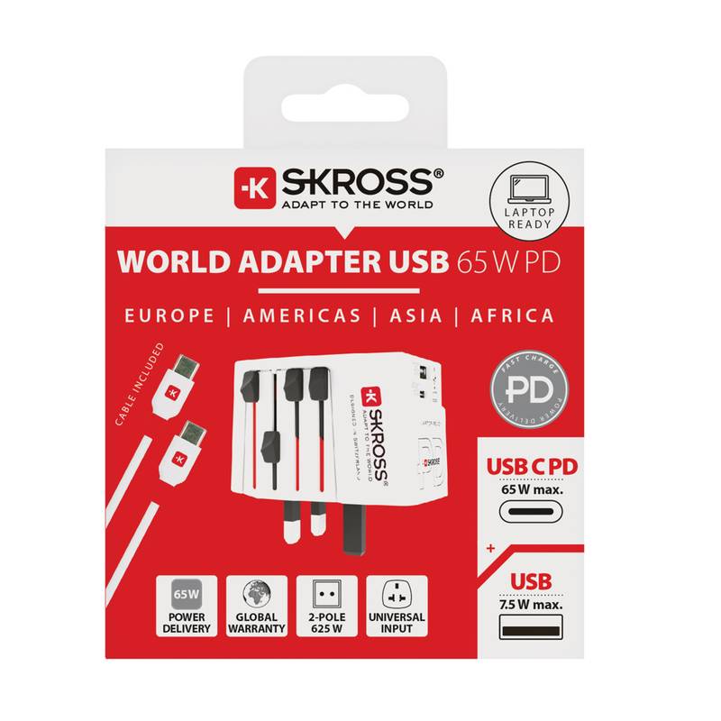 Cestovní adaptér SKROSS World MUV 65W PD s USB C kabelem, bílá Cestovní adaptér SKROSS World MUV 65W PD s USB C kabelem, bílá