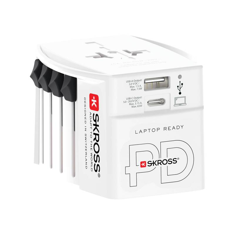 Cestovní adaptér SKROSS World MUV 65W PD s USB C kabelem, bílá Cestovní adaptér SKROSS World MUV 65W PD s USB C kabelem, bílá