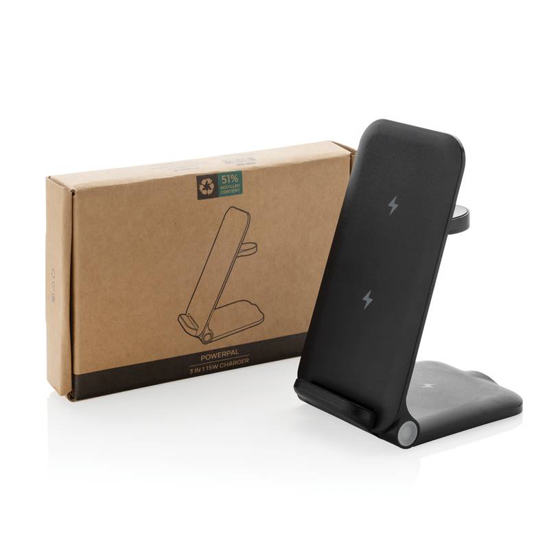 Nabíjačka Powerpal 3 v 1 15 W z RCS recyklovaného plastu, čierna Nabíjačka Powerpal 3 v 1 15 W z RCS recyklovaného plastu, čierna