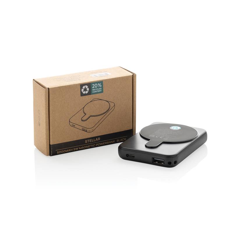 Magnetická powerbanka Stellar 5000mAh 5W z RCS plastu, čierna Magnetická powerbanka Stellar 5000mAh 5W z RCS plastu, čierna