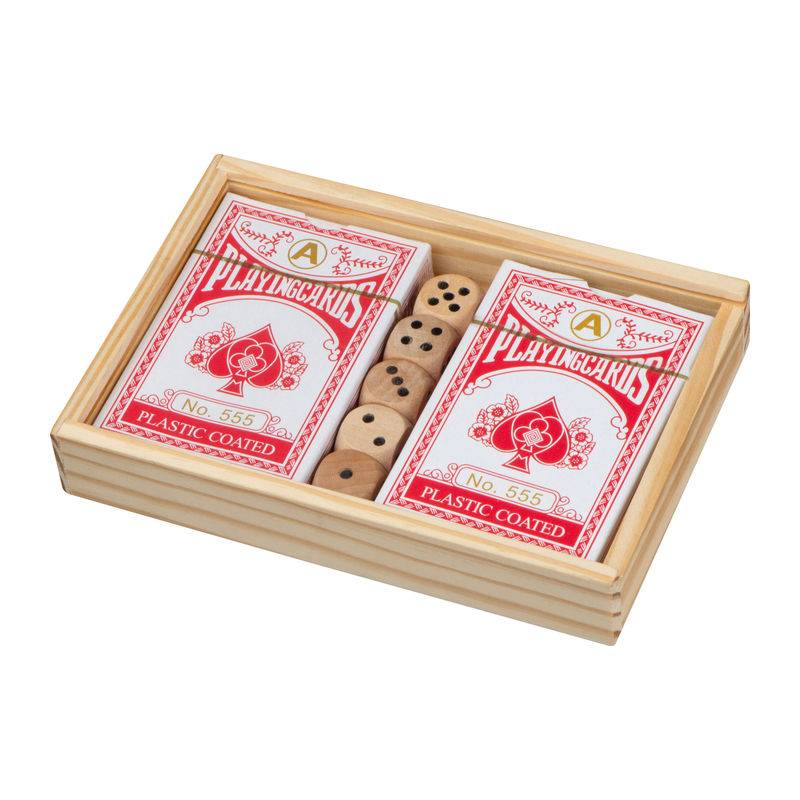Hrací karty v dřevěné krabičce s kostkami, hnědá béžová Hrací karty v dřevěné krabičce s kostkami, hnědá béžová