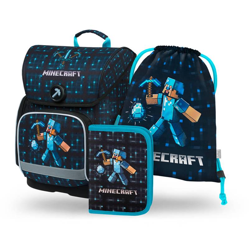 BAAGL SADA 3 Ergo Minecraft Blue Axe: aktovka, peračník, vrecko BAAGL SADA 3 Ergo Minecraft Blue Axe: aktovka, peračník, vrecko