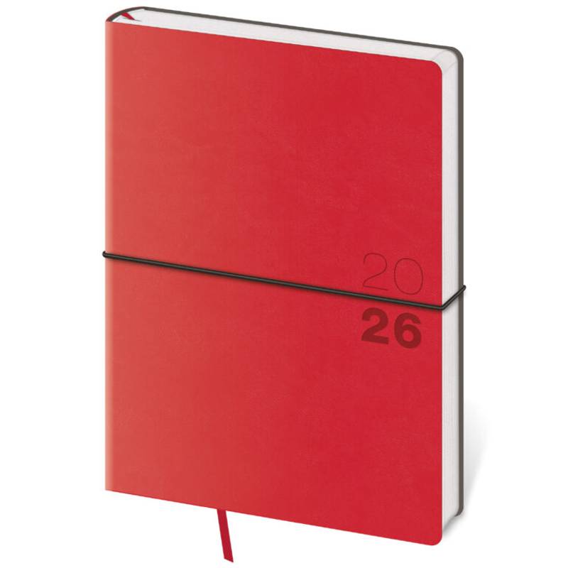 Denný diár A5 Flexio červený s gumičkou, 2026 Denný diár A5 Flexio červený s gumičkou, 2026
