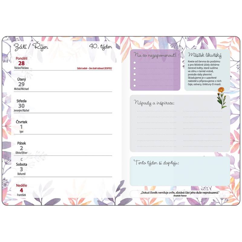 Týždenný diár B6 Bylinkový Flowers s gumičkou, 2026 Týždenný diár B6 Bylinkový Flowers s gumičkou, 2026