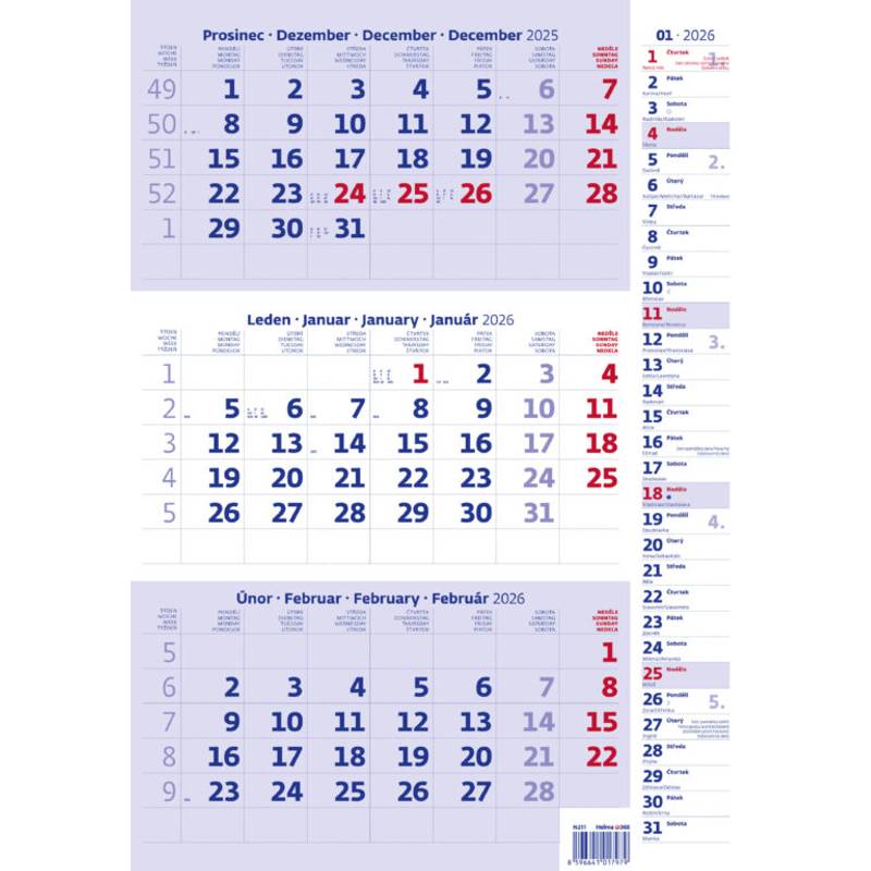 Tříměsíční kalendář modrý s poznámkami, 2026 Tříměsíční kalendář modrý s poznámkami, 2026