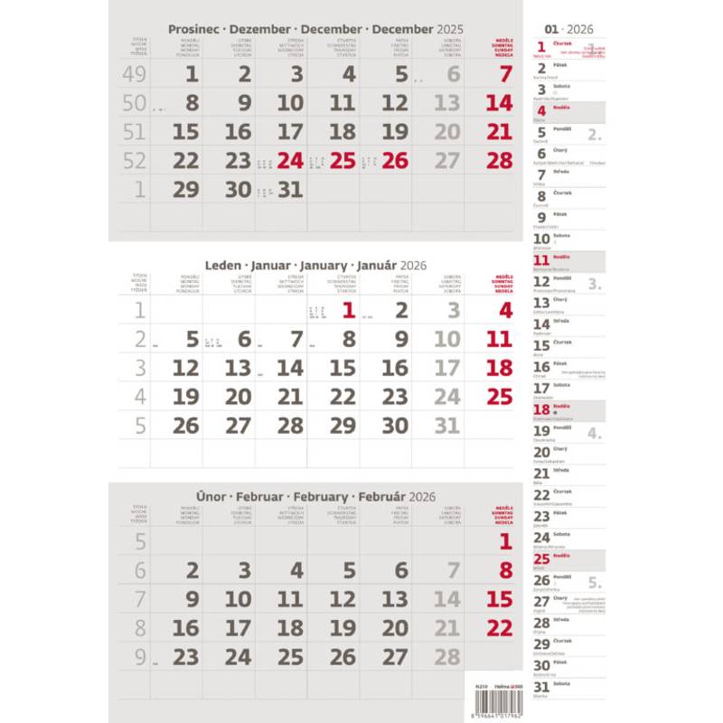 Tříměsíční kalendář šedý s poznámkami, 2026 Tříměsíční kalendář šedý s poznámkami, 2026