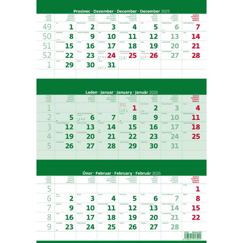 Tříměsíční kalendář zelený, 2026 Tříměsíční kalendář zelený, 2026