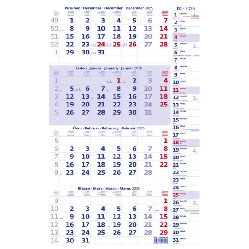 Čtyřměsíční kalendář modrý s poznámkami, 2026 Čtyřměsíční kalendář modrý s poznámkami, 2026