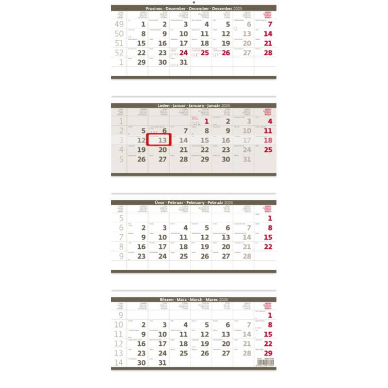 Štvormesačný kalendár skladaný šedý, 2026 Štvormesačný kalendár skladaný šedý, 2026