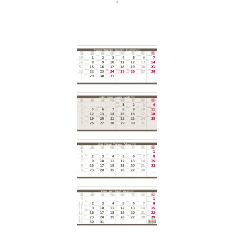 Štvormesačný kalendár skladaný šedý, 2026 Štvormesačný kalendár skladaný šedý, 2026
