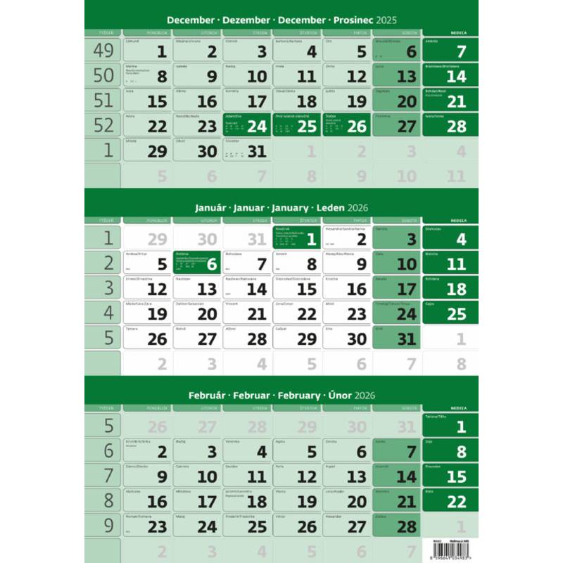 Trojmesačný kalendár zelený, 2026 Trojmesačný kalendár zelený, 2026