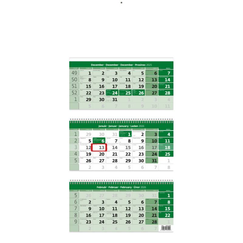 Trojmesačný kalendár zelený so spirálou, 2026 Trojmesačný kalendár zelený so spirálou, 2026