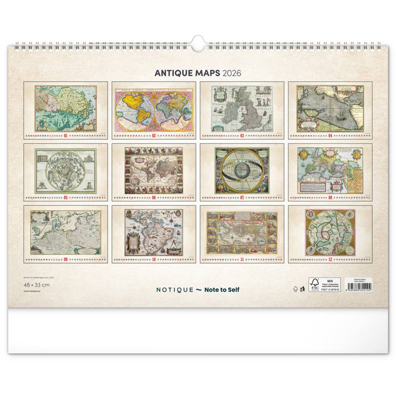 NOTIQUE Nástenný kalendár Staré mapy 2026, 48 x 33 cm NOTIQUE Nástenný kalendár Staré mapy 2026, 48 x 33 cm