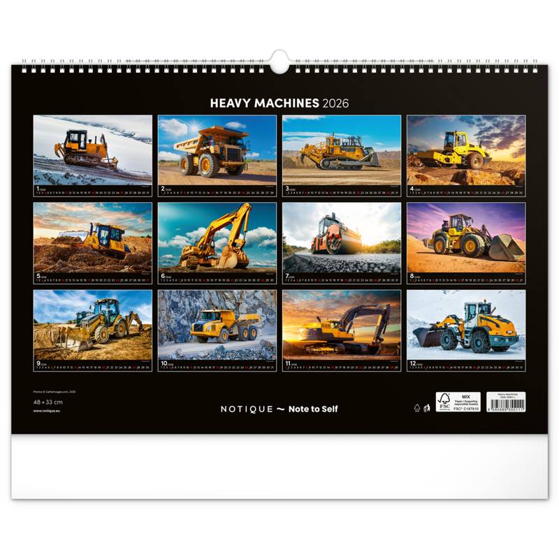 NOTIQUE Nástěnný kalendář Stavební stroje 2026, 48 x 33 cm NOTIQUE Nástěnný kalendář Stavební stroje 2026, 48 x 33 cm