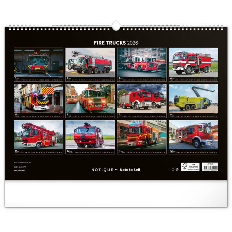 NOTIQUE Nástěnný kalendář Hasičská vozidla 2026, 48 x 33 cm NOTIQUE Nástěnný kalendář Hasičská vozidla 2026, 48 x 33 cm