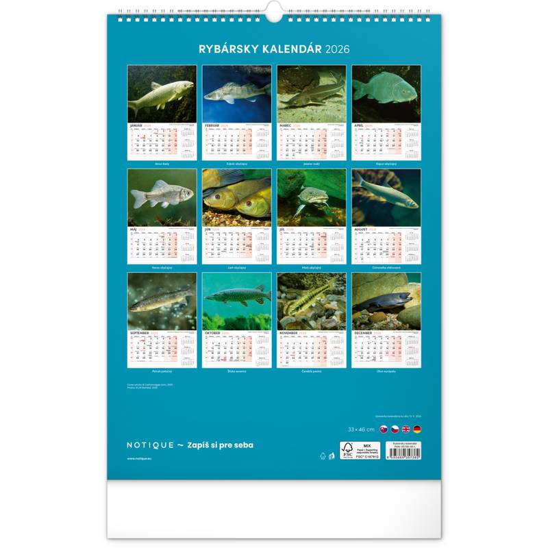 NOTIQUE Nástenný kalendár Rybársky 2026, 33 x 46 cm NOTIQUE Nástenný kalendár Rybársky 2026, 33 x 46 cm