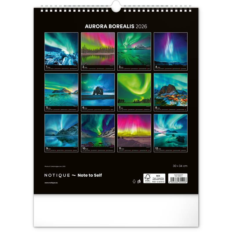 NOTIQUE Nástěnný kalendář Polární záře 2026, 30 x 34 cm NOTIQUE Nástěnný kalendář Polární záře 2026, 30 x 34 cm