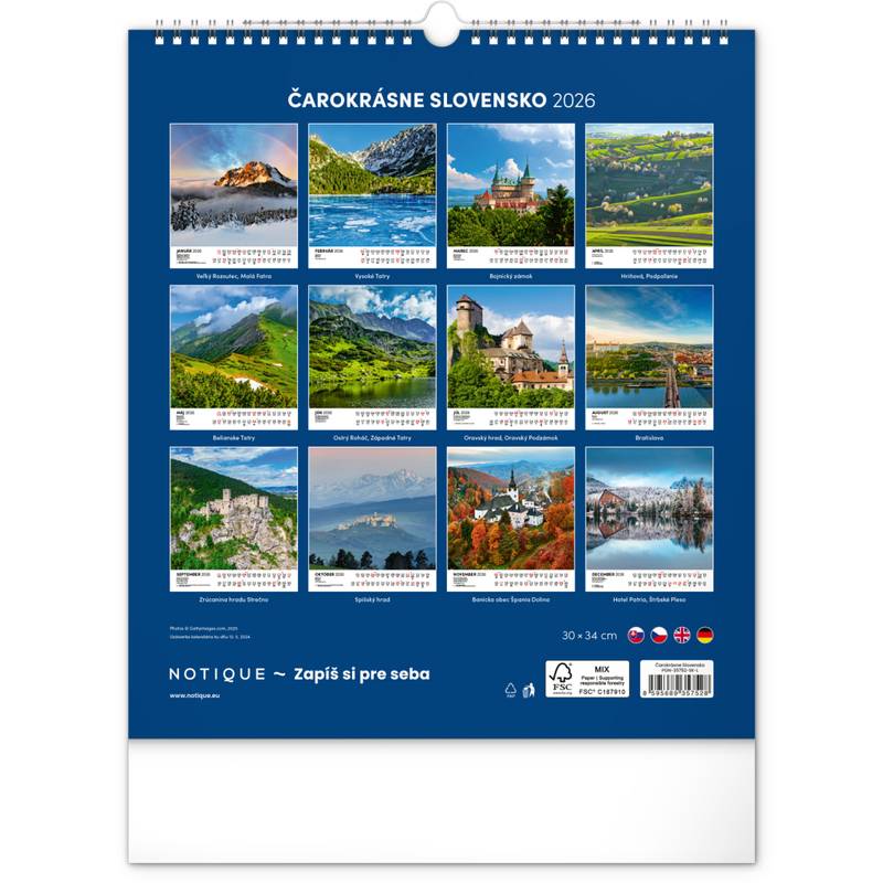 NOTIQUE Nástenný kalendár Čarokrásne Slovensko 2026, 30 x 34 cm NOTIQUE Nástenný kalendár Čarokrásne Slovensko 2026, 30 x 34 cm