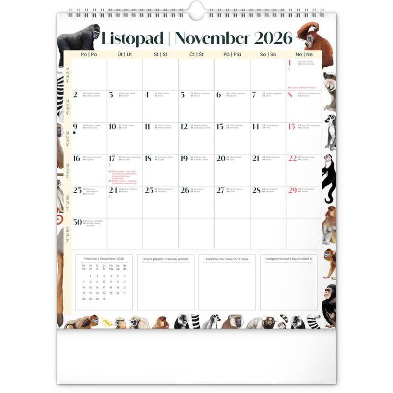 NOTIQUE Nástěnný plánovací kalendář Animalium CZ/SK 2026, 30 x 34 cm NOTIQUE Nástěnný plánovací kalendář Animalium CZ/SK 2026, 30 x 34 cm