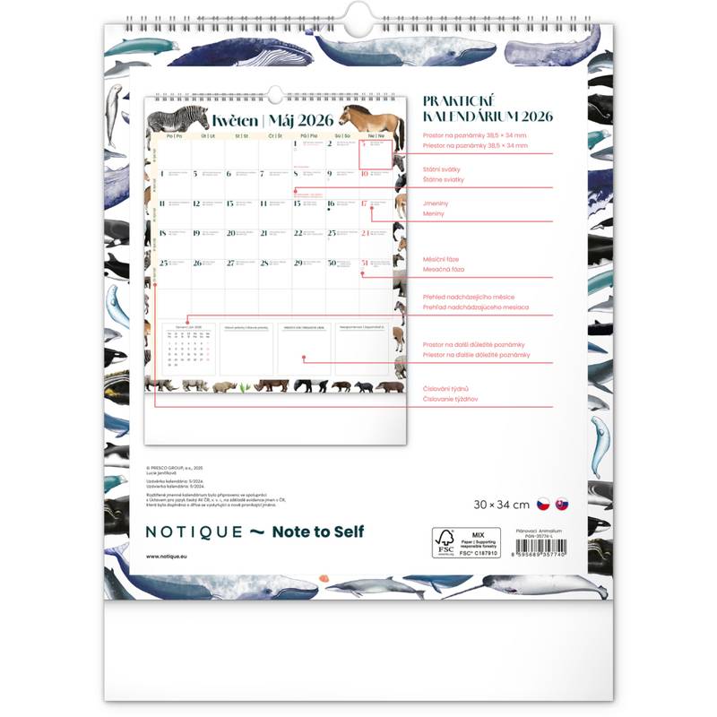 NOTIQUE Nástěnný plánovací kalendář Animalium CZ/SK 2026, 30 x 34 cm NOTIQUE Nástěnný plánovací kalendář Animalium CZ/SK 2026, 30 x 34 cm