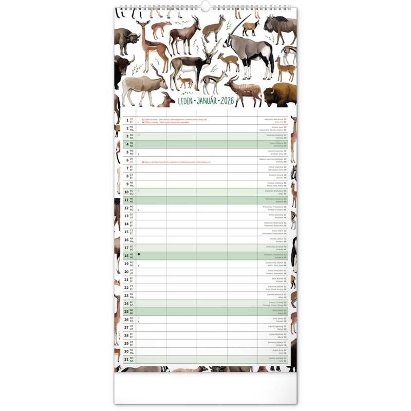 NOTIQUE Nástěnný kalendář Rodinný plánovací Animalium CZ/SK 2026, 21 x 42 cm NOTIQUE Nástěnný kalendář Rodinný plánovací Animalium CZ/SK 2026, 21 x 42 cm