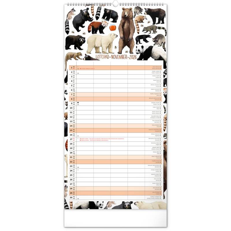NOTIQUE Nástěnný kalendář Rodinný plánovací Animalium CZ/SK 2026, 21 x 42 cm NOTIQUE Nástěnný kalendář Rodinný plánovací Animalium CZ/SK 2026, 21 x 42 cm