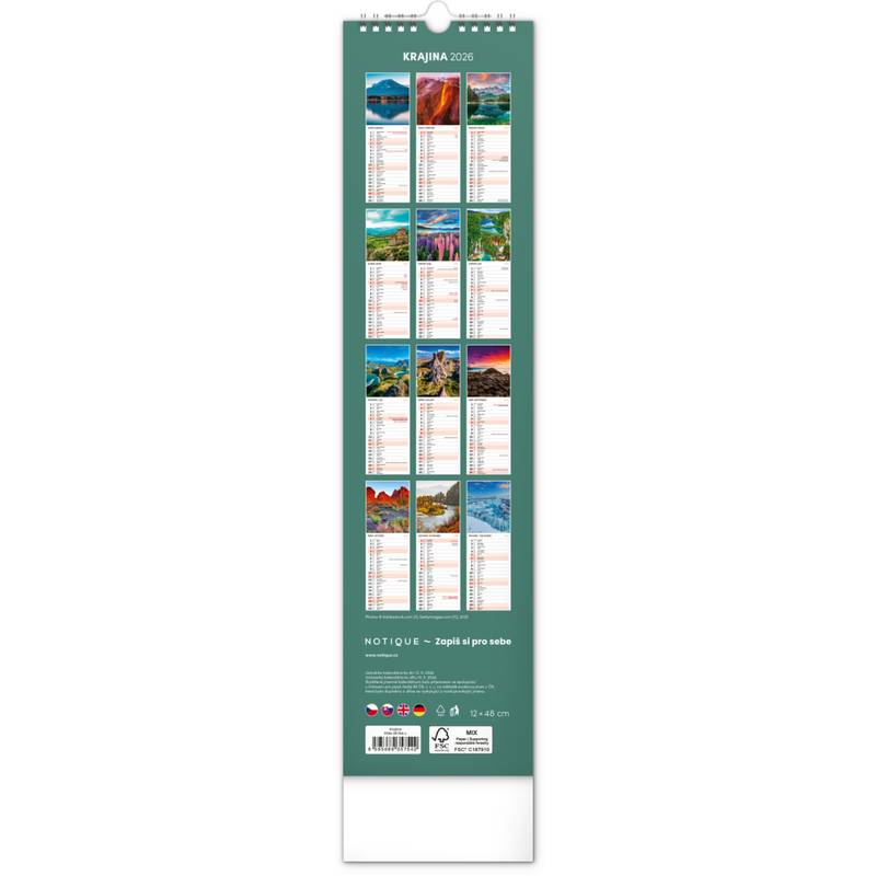 NOTIQUE Nástěnný kalendář Země CZ/SK 2026, 12 x 48 cm NOTIQUE Nástěnný kalendář Země CZ/SK 2026, 12 x 48 cm