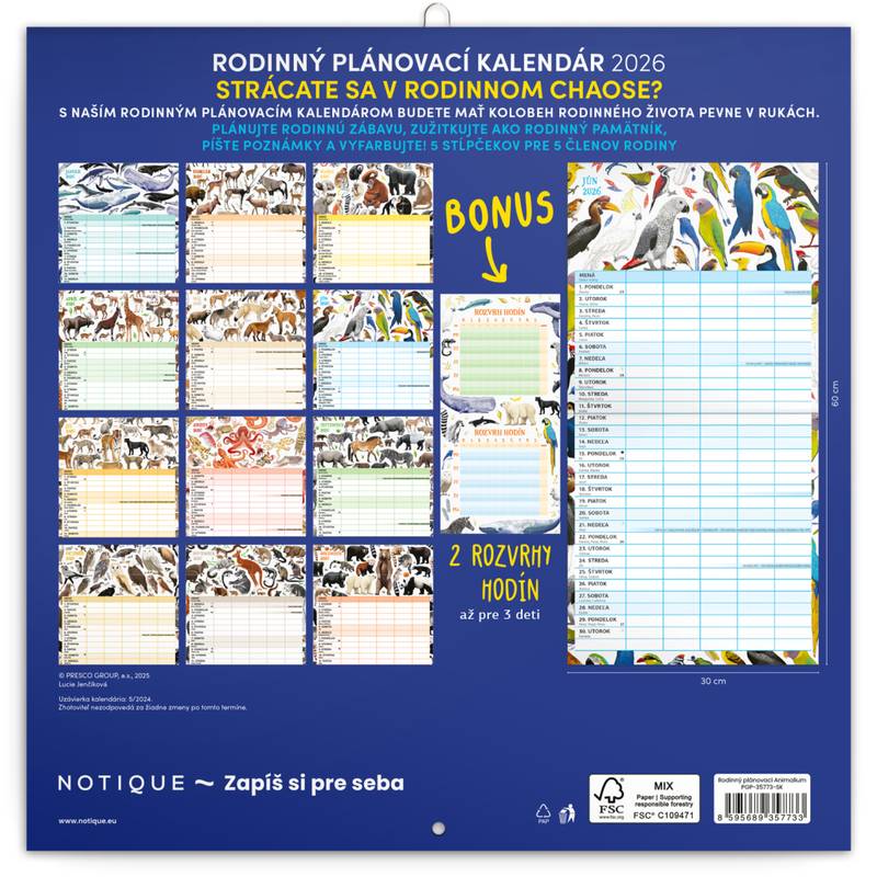 NOTIQUE Rodinný plánovací kalendár Animalium 2026, 30 x 30 cm NOTIQUE Rodinný plánovací kalendár Animalium 2026, 30 x 30 cm
