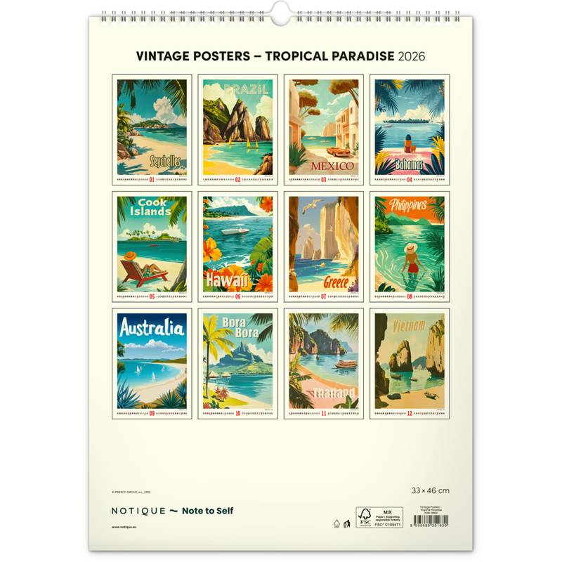 NOTIQUE Nástenný kalendár Vintage plagáty – tropické raje 2026, 33 x 46 cm NOTIQUE Nástenný kalendár Vintage plagáty – tropické raje 2026, 33 x 46 cm