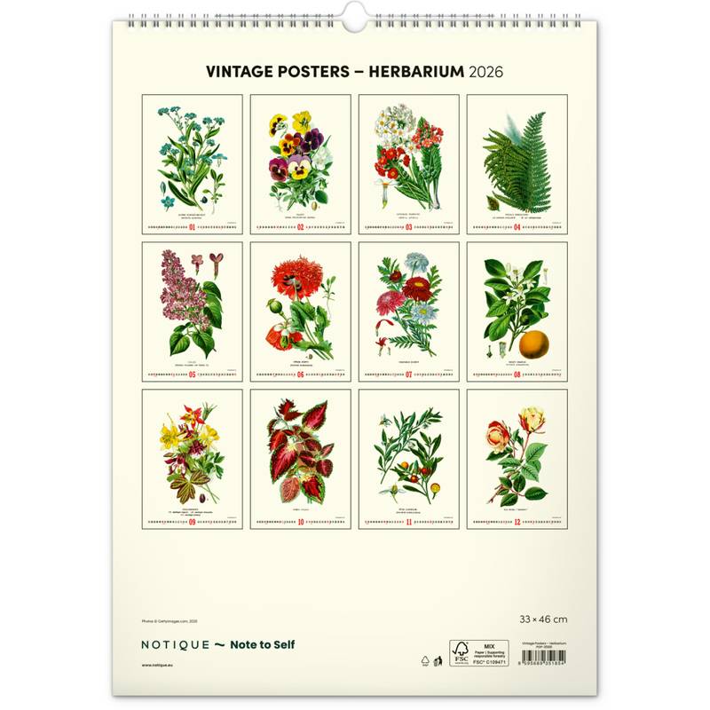 NOTIQUE Nástěnný kalendář Vintage plakáty – herbář 2026, 33 x 46 cm NOTIQUE Nástěnný kalendář Vintage plakáty – herbář 2026, 33 x 46 cm