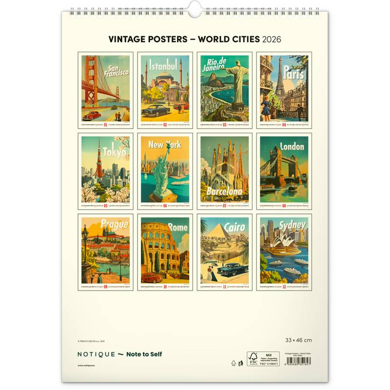 NOTIQUE Nástěnný kalendář Vintage plakáty - světová města 2026, 33 x 46 cm NOTIQUE Nástěnný kalendář Vintage plakáty - světová města 2026, 33 x 46 cm